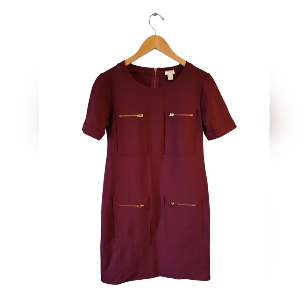 J. Crew Sz 0 Burgundy Ponte Sheath Dress Gold Zipper - Picture 2 of 6